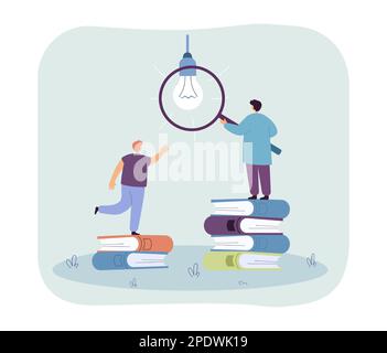 Students on stacks of books reaching for lightbulb Stock Vector