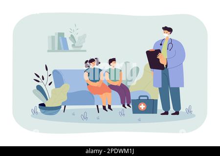 Cartoon doctor in mask visiting children at home Stock Vector