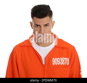 Prisoner in orange jumpsuit on white background Stock Photo