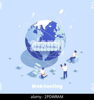 Web hosting icons isometric composition of editable text and image of earth globe with human characters vector illustration Stock Vector