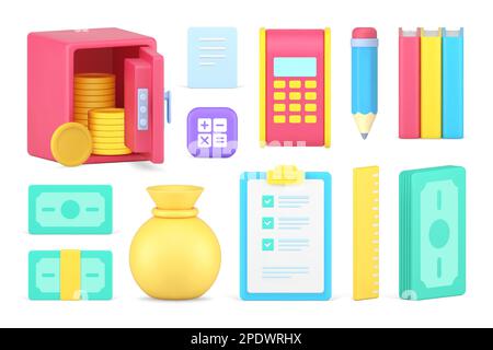 Financial accounting business learning set 3d icon realistic vector illustration. Banking commercial analyzing cash money dollar calculating savings i Stock Vector