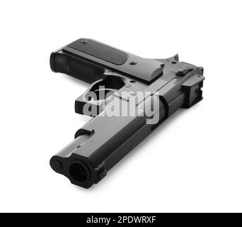 Black gun isolated on white. Modern weapon Stock Photo