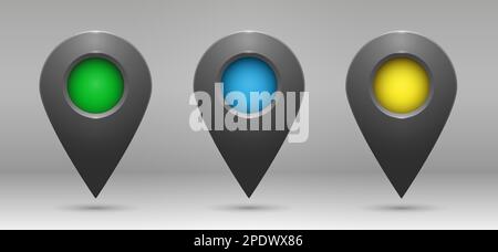 Realistic gray geolocation icons with colored inserts on a gradient background. Stock Vector