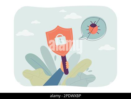 Hand holding placard showing antivirus, lock near speech bubble Stock Vector