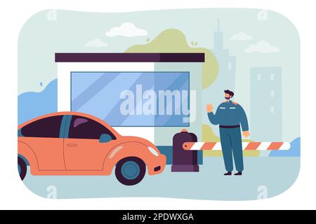 Security guard standing in front of barrier gate in parking lot Stock Vector