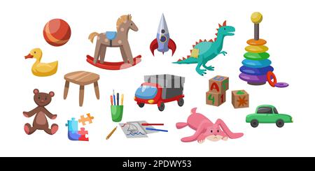 Cute toys from plush, plastic and wood vector illustrations set Stock Vector