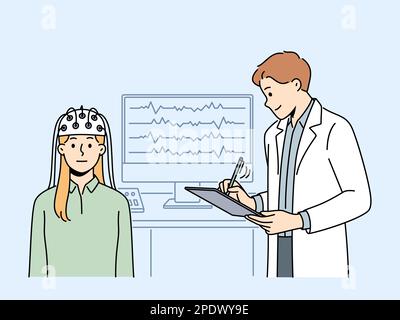 Woman patient do EEG scan in hospital. Male doctor examine woman client in neurology clinic. Neurological checkup and examination. Vector illustration.  Stock Vector