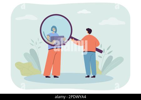 Man looking through magnifier at girl holding tablet Stock Vector