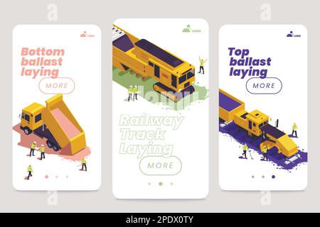 Railroad track bottom and top ballast laying isometric vertical banners 3d isolated vector illustration Stock Vector