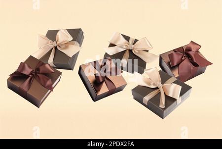 Beautifully wrapped gift boxes flying on light background Stock Photo