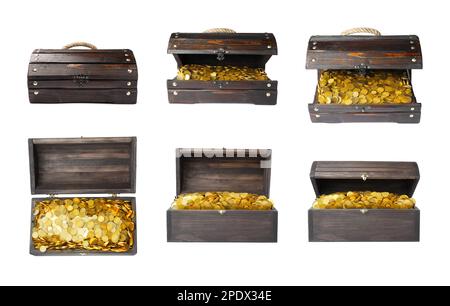 Set with treasure chests full of gold coins on white background Stock Photo