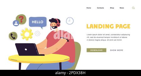 Male call center operator in headset working on laptop Stock Vector