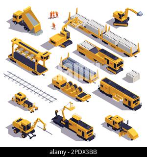 Isometric set of railroad track laying equipment vehicles construction materials and workers isolated 3d vector illustration Stock Vector