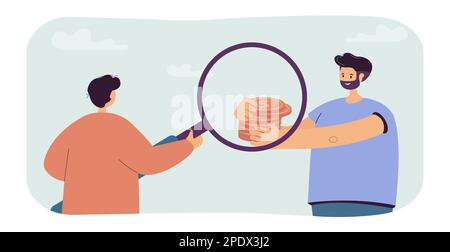 Smiling man giving stack of coins to broker with magnifier Stock Vector