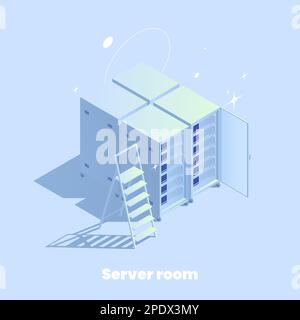 Web hosting isometric composition of server rack icons ladder and editable text with silhouettes of stars vector illustration Stock Vector