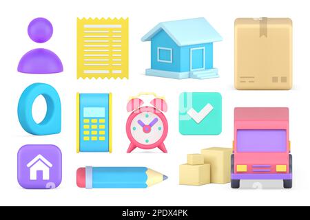Delivery courier shipment van transportation online shopping purchase payment set 3d icon realistic vector illustration. Shipping truck postal cargo w Stock Vector
