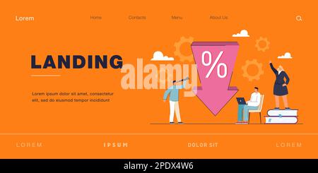 Tiny people and arrow of loan interest rate or price going down Stock Vector