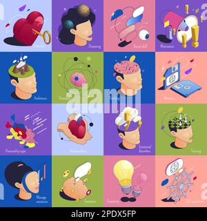 Emotional intelligence thinking mental concepts isometric set of square compositions with images of brain and head vector illustration Stock Vector