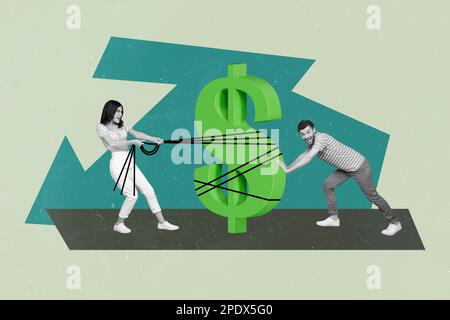 Collage 3d picture poster magazine sketch of happy positive people earn money catch hold usd figure isolated on painted background Stock Photo