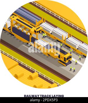 Round composition with railroad track laying construction vehicles railway equipment machines isometric images and editable text vector illustration Stock Vector