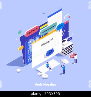 Web hosting isometric composition with icons of website windows and buttons on desktop computer with people vector illustration Stock Vector