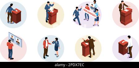 Isometric election compositions set with political debates and voting procedure symbols isolated vector illustration Stock Vector