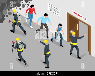 Isometric evacuation alarm concept with fire fighters vector illustration Stock Vector