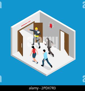 Isometric evacuation alarm concept with people running out vector illustration Stock Vector