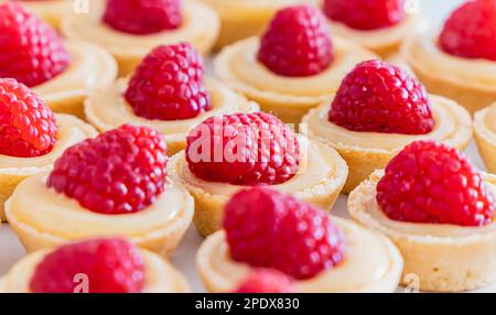 Raspberry tartlets with lemon curd on a white plate. Elegant pastry dessert. Close up. Selective focus Stock Photo