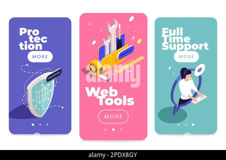Web hosting icons isometric set of three vertical mobile app banners with buttons and page switches vector illustration Stock Vector