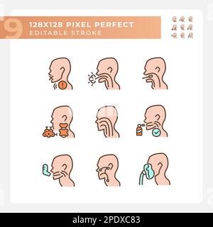 Throat problem diagnostics pixel perfect RGB color icons set Stock Vector