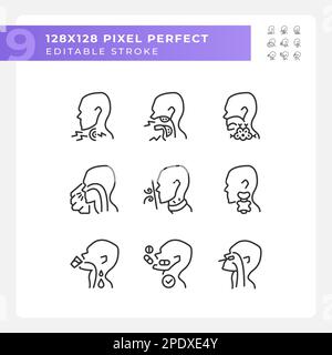 Throat diseases pixel perfect linear icons set Stock Vector