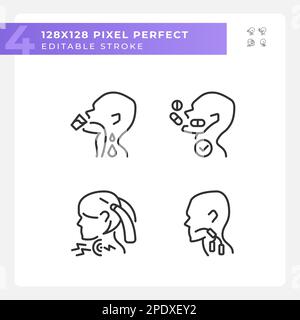Throat sickness pixel perfect linear icons set Stock Vector
