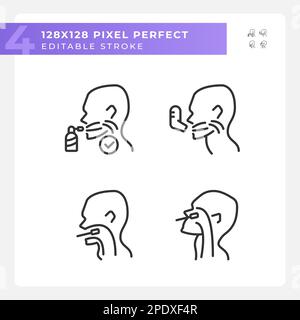 Throat examination and inhalation pixel perfect linear icons set Stock Vector