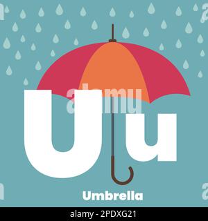 Cute children ABC alphabet flashcard words with the letter U for kids learning English vocabulary. Umbrella. Vector illustration Stock Vector