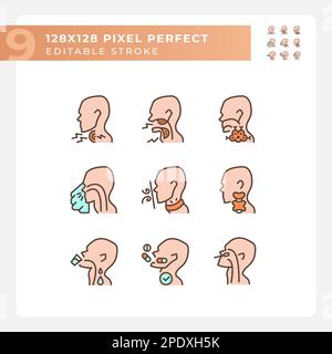 Throat diseases pixel perfect RGB color icons set Stock Vector
