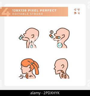 Throat sickness pixel perfect RGB color icons set Stock Vector