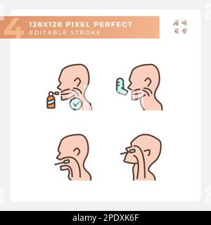 Throat examination and inhalation pixel perfect RGB color icons set Stock Vector