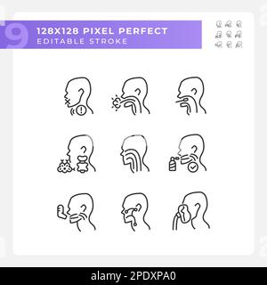 Throat problem diagnostics pixel perfect linear icons set Stock Vector