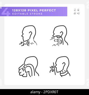 Throat diseases types pixel perfect linear icons set Stock Vector