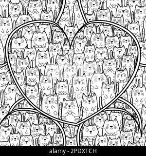 Doodle cats in hand drawn heart shape black and white seamless pattern for coloring book Stock Vector