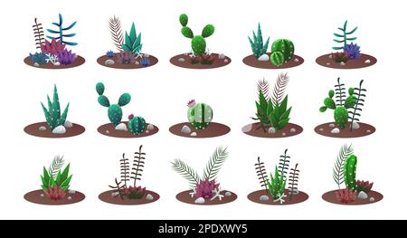Cactuses growing in ground of pots set Stock Vector