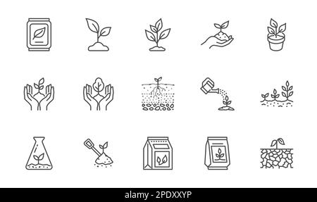 Plant growing line icons set. Spring growth stage, seeds, seedling, drought, soil testing, agriculture vector illustration. Outline signs for Stock Vector