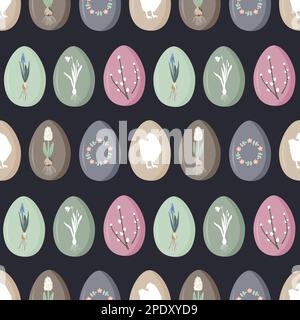 Vintage Easter eggs with spring flowers and symbols on dark background. Spring rustic seamless pattern, doodle vector illustration. Stock Vector