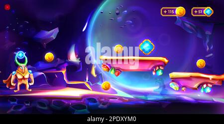 Cartoon cosmic game with platforms, astronaut and crystal bonus or assets. Space background with spaceman, alien landscape with stages and planets in sky. Gui futuristic adventure with cosmonaut. Stock Vector