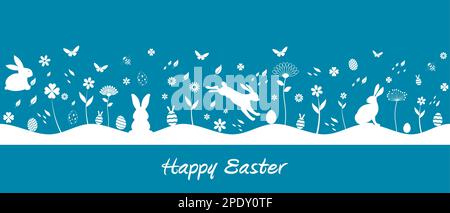 Easter Silhouette seamless vector in blue. Happy Easter greeting. Single or seamless useable on left and right side. Stock Vector