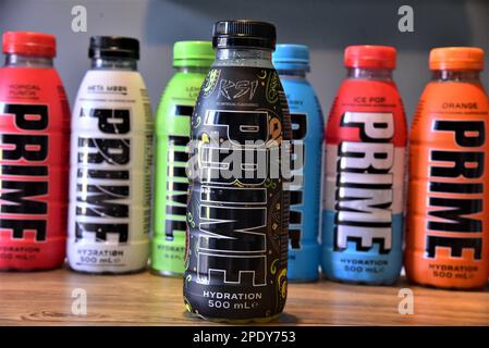 PRIME Hydration drink, pictured are the nine flavours including KSI limited  edition. The drinks are made by rs Logan Paul and KSI Stock Photo -  Alamy
