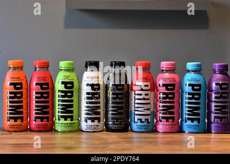 PRIME Hydration drink, pictured are the nine flavours including KSI limited edition. The drinks are made by YouTubers Logan Paul and KSI Stock Photo