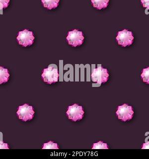 Vector Seamless Pattern with Pink 3d Realistic Transparent Round Glowing Gemstones, Diamonds, Crystals, Rhinestones Closeup. Jewerly Concept. Design Stock Vector