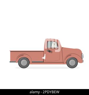 Red vintage pick-up car with a ghost driver. Funny trick or treat Halloween Vector. Halloween Party isolated design element illustration Stock Vector